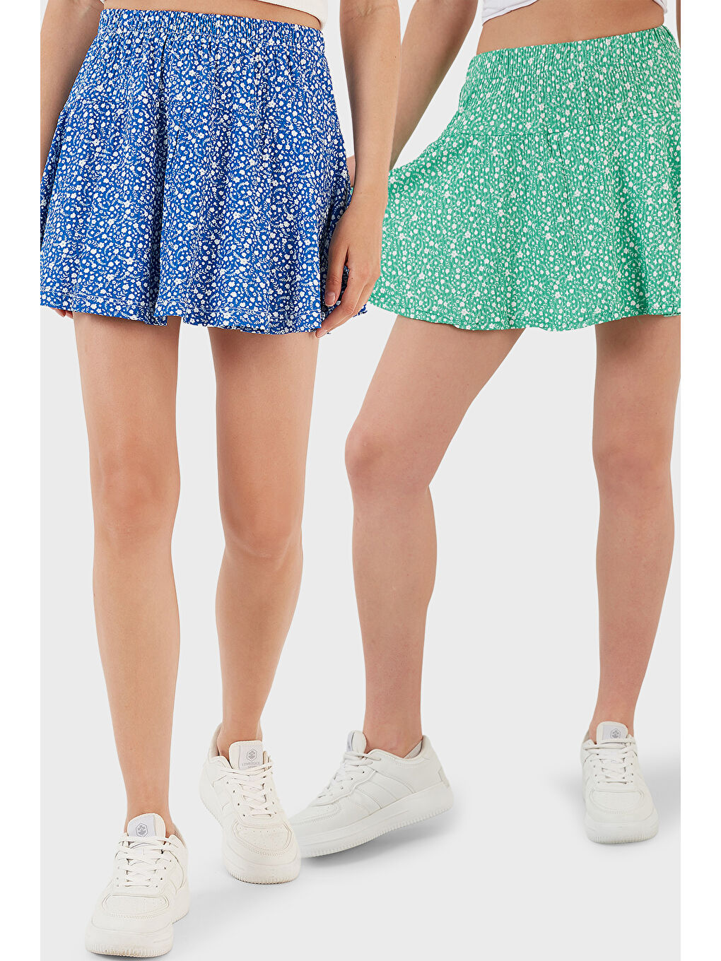 Yeşil Desenli Beli Lastikli Slim Fit Mini 2'li Paket Kadın Şort Etek 5864024S2