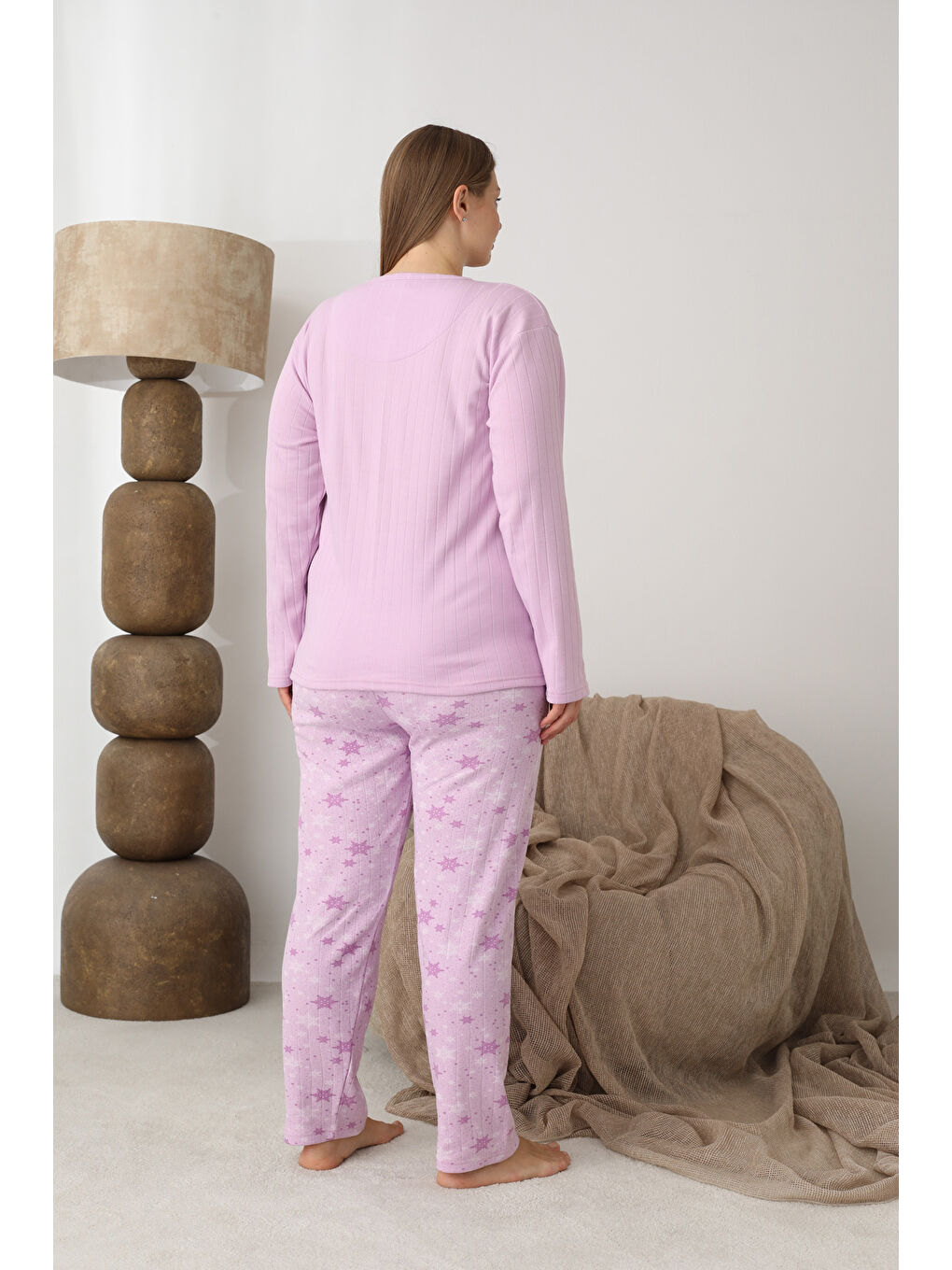 Lila Şardonlu İnterlok Kumaş Büyük Beden Kışlık Kadın Pijama Takımı 1160-4