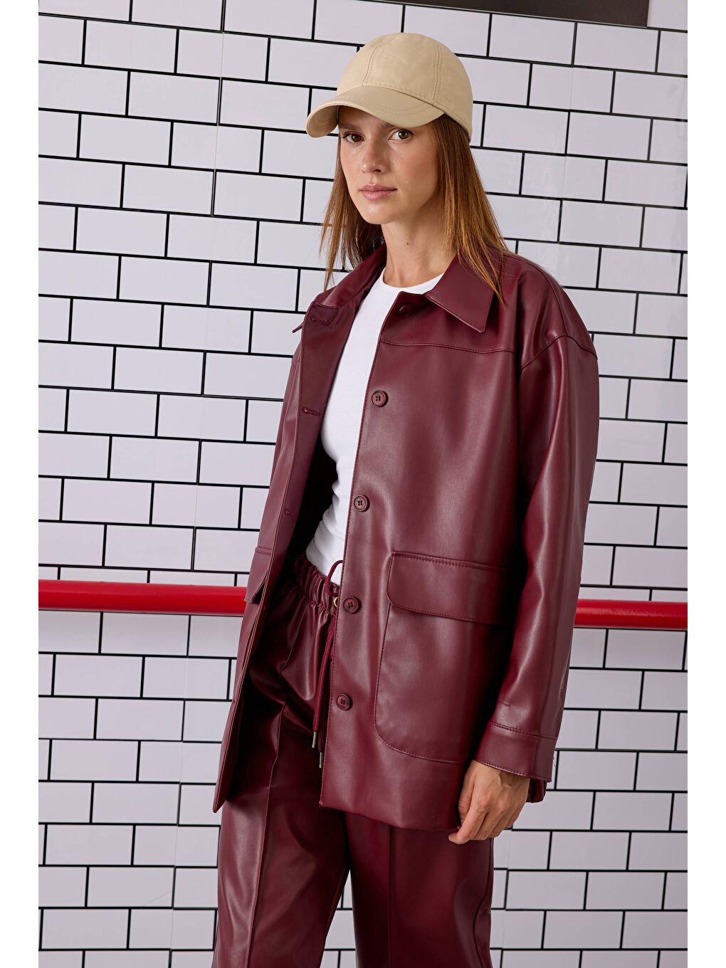 Spor Kesim Deri Ceket Bordo-2