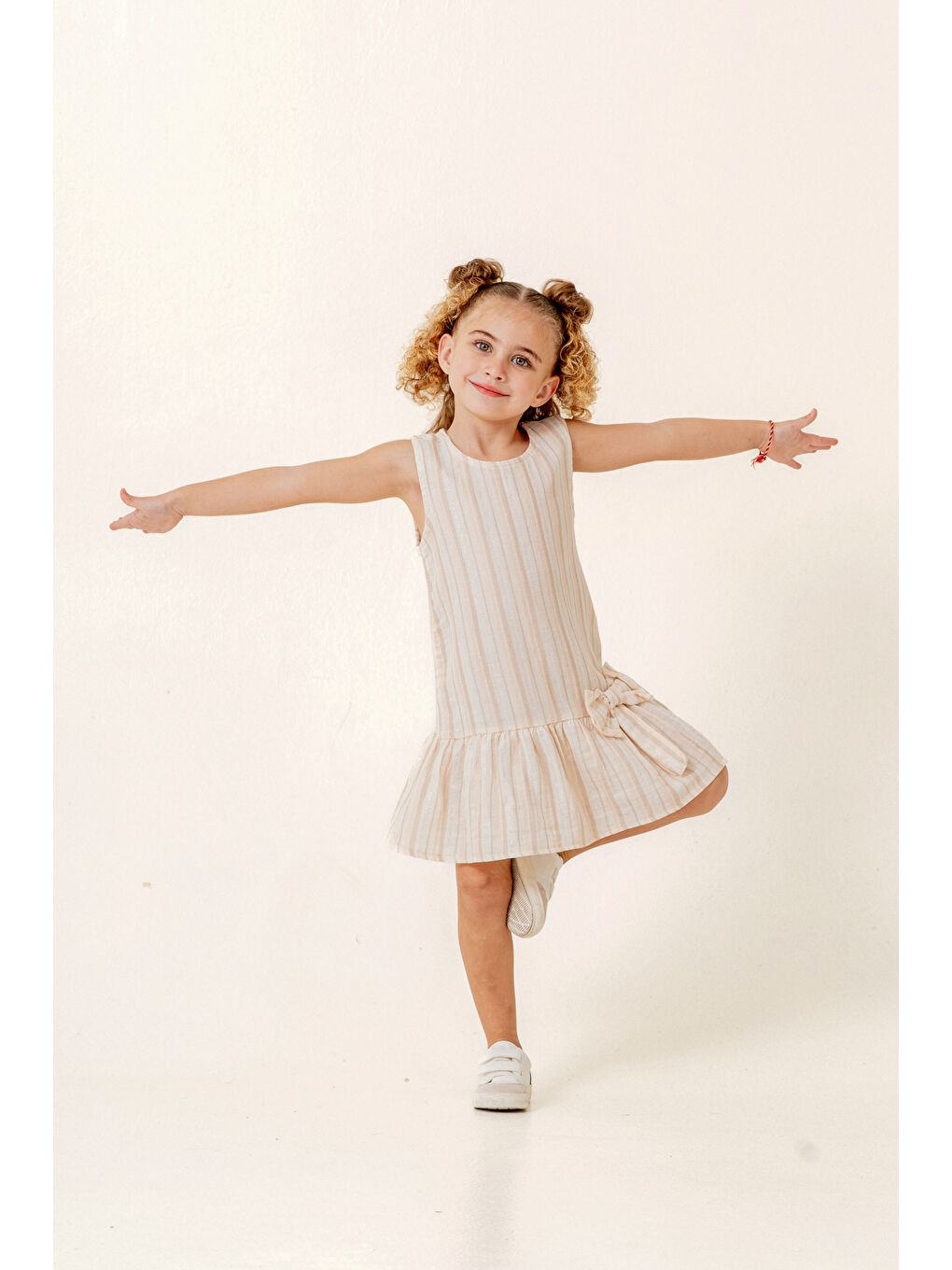 Kız Çocuk Çizgili Müslin Elbise 3-7 Yaş Bej 3803-3