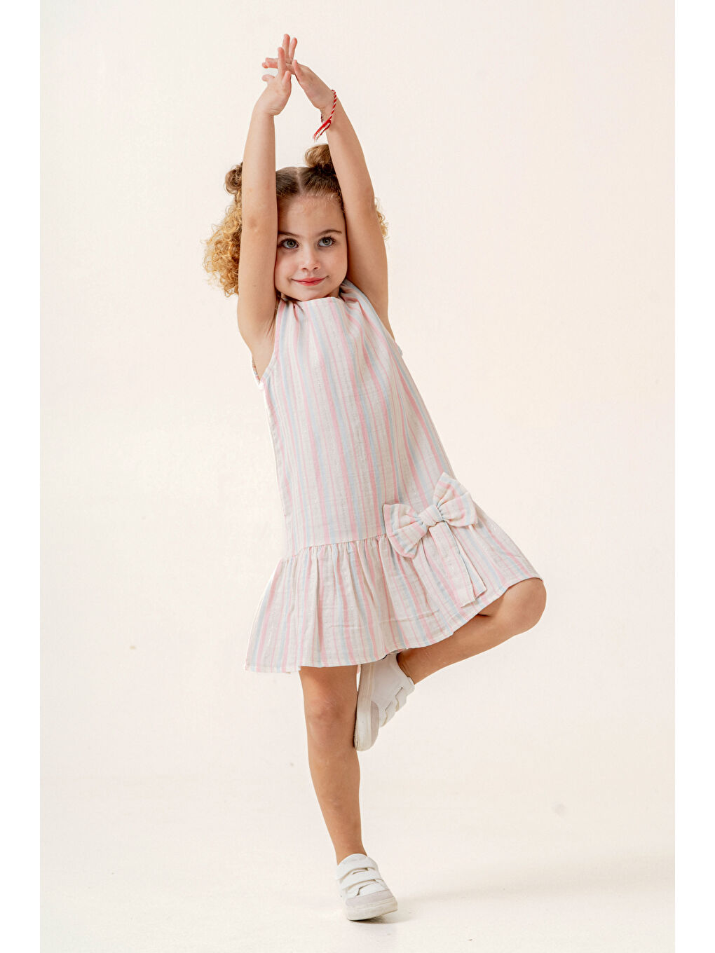 Kız Çocuk Çizgili Müslin Elbise 3-7 Yaş Pembe 3803-2