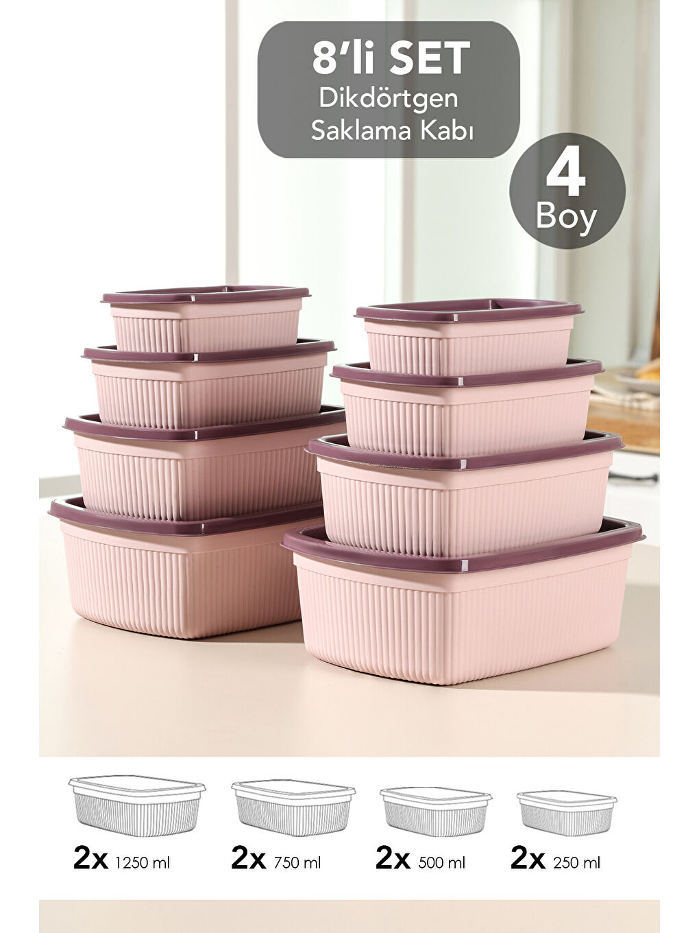 Pembe 8'li Çizgili Dikdörtgen Gıda Saklama Kabı Seti