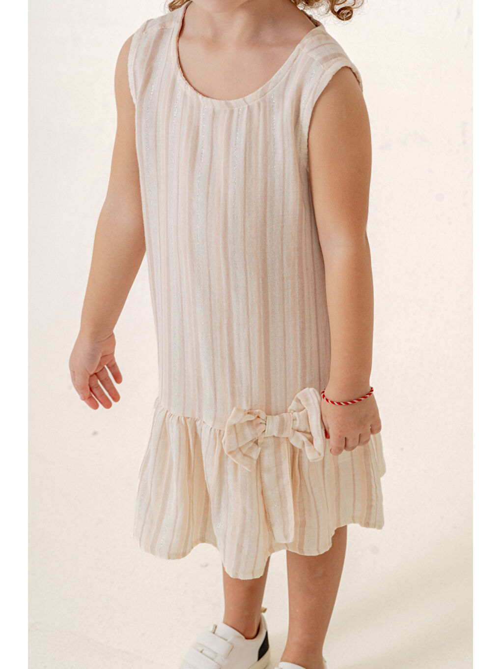 Kız Çocuk Çizgili Müslin Elbise 3-7 Yaş Bej 3803-3-1