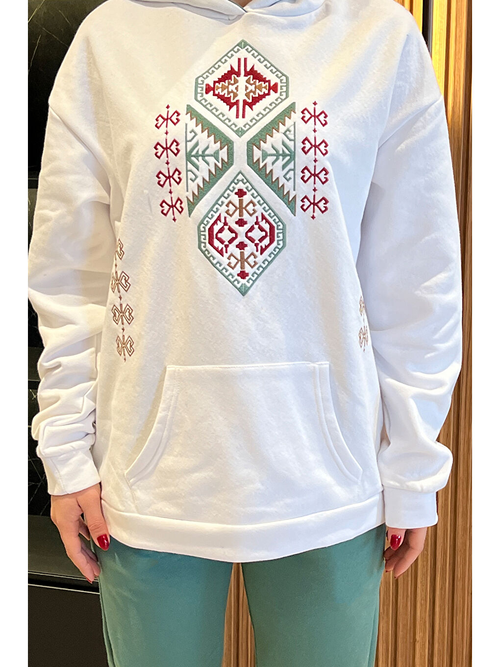 Yeşil Kadın Kapüşonlu Nakış Detaylı Şardonlu Eşofman Takımı-2