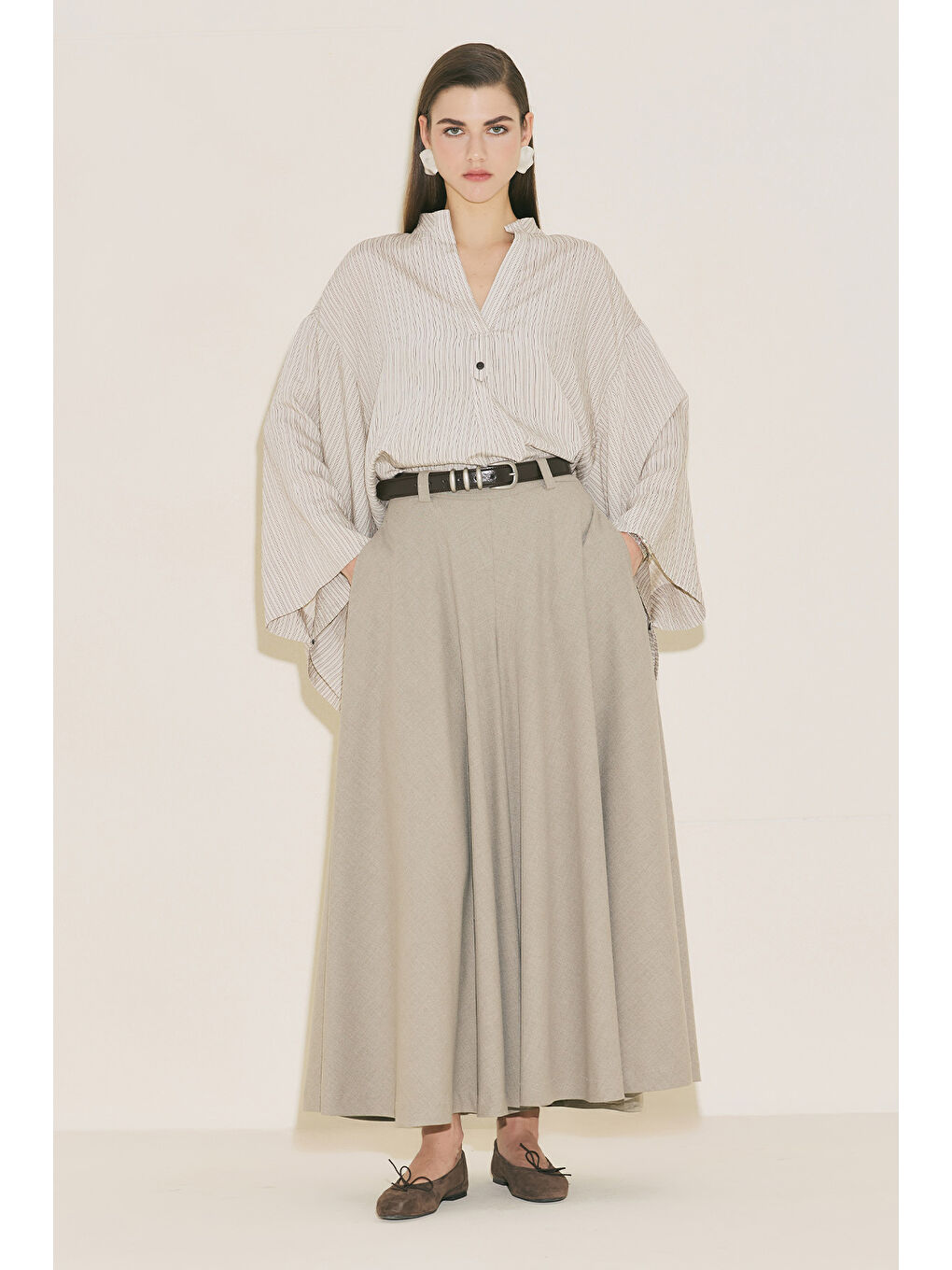 Kimono Kol Bluz Kahverengi Çizgili-1