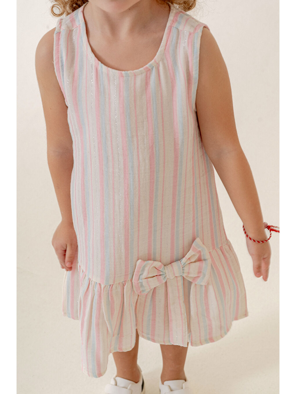 Kız Çocuk Çizgili Müslin Elbise 3-7 Yaş Pembe 3803-2-1