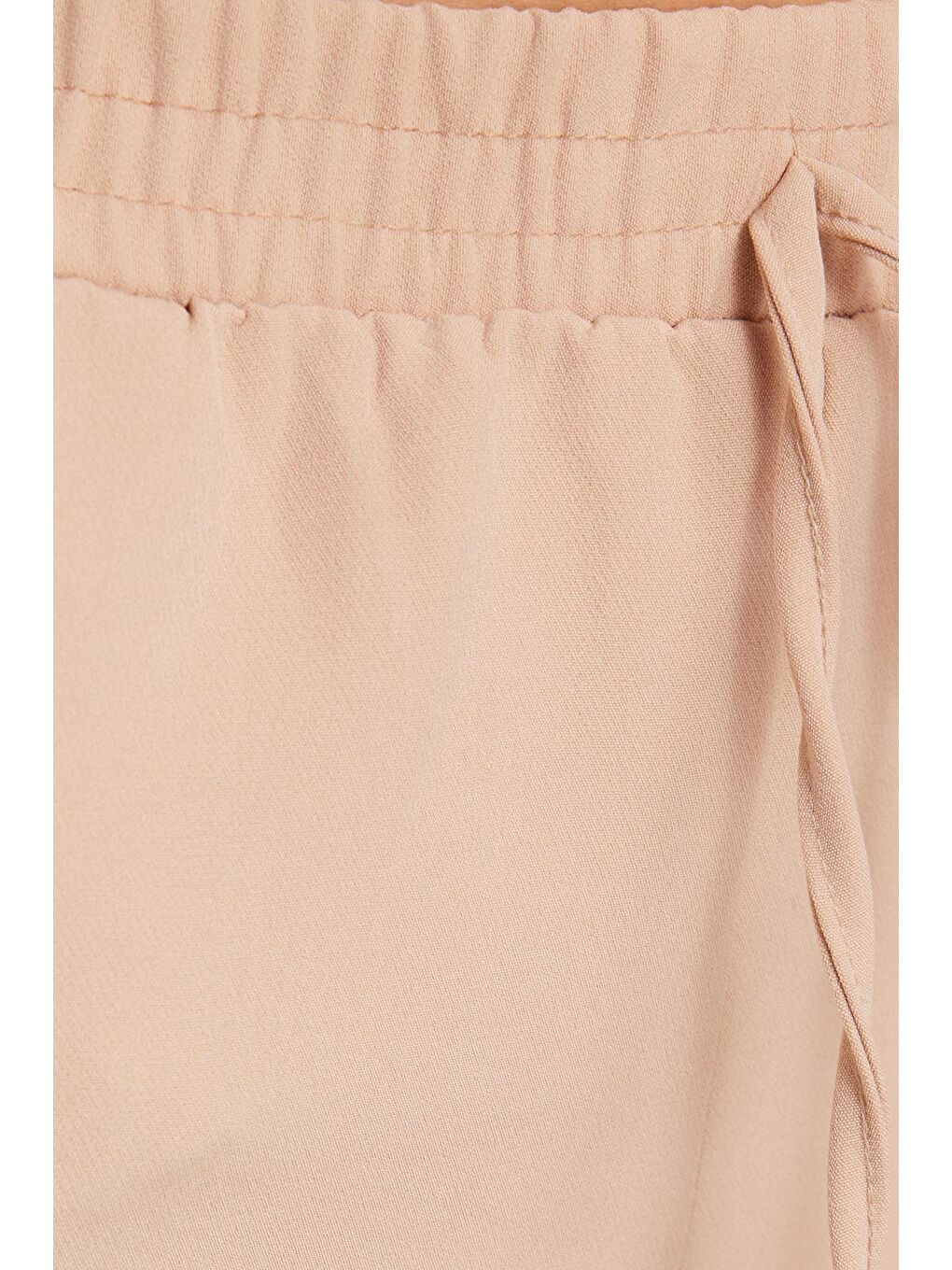 Kadın Relax Fit Rahat Kesim Yüksel Bel Dar Paça Beli Lastikli Bağcıklı Açık Bej Pantolon-5
