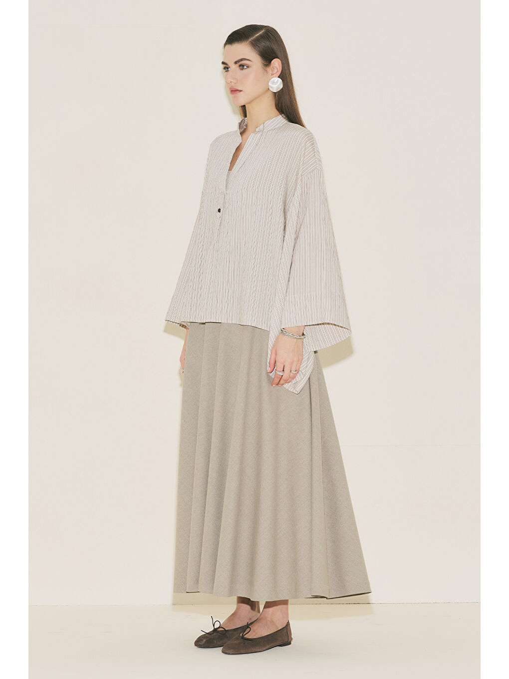 Kimono Kol Bluz Kahverengi Çizgili-5