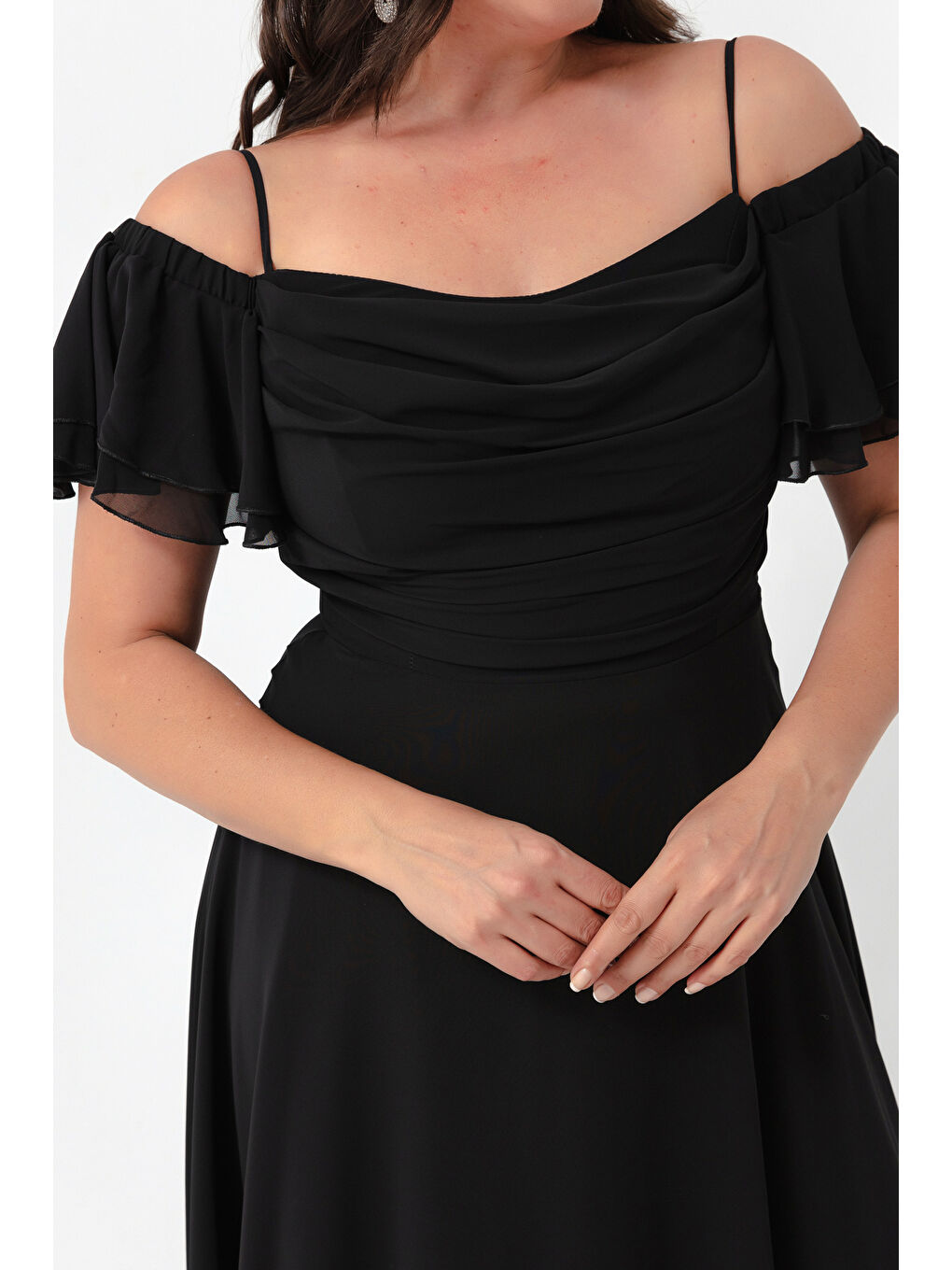 Kadın Siyah Askılı Kloş Kesim Midi Büyük Beden Abiye Elbise-3