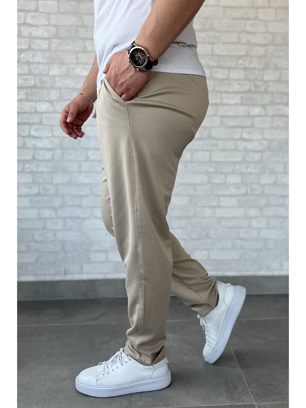 Bej Bel Bağcıklı Erkek Jogger Pantolon-1