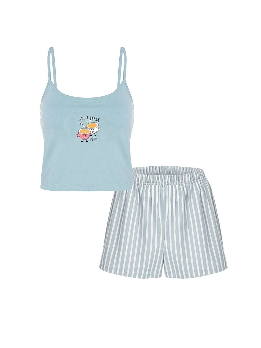 Mavi Kadın Pamuklu Çizgili Desenli İp Askılı Şortlu Pijama Takımı