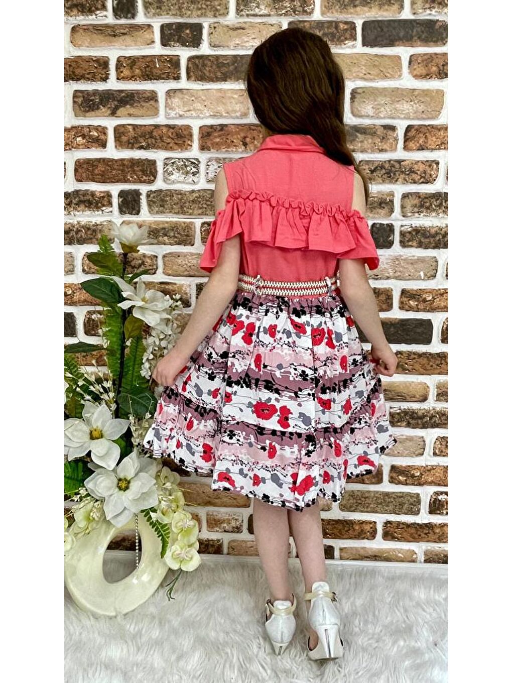 Kırmızı Çiçekli Viskon Gömlek Yaka Yazlık Kız Çocuk Elbise-1