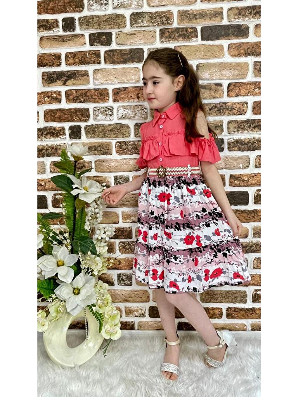 Kırmızı Çiçekli Viskon Gömlek Yaka Yazlık Kız Çocuk Elbise-2