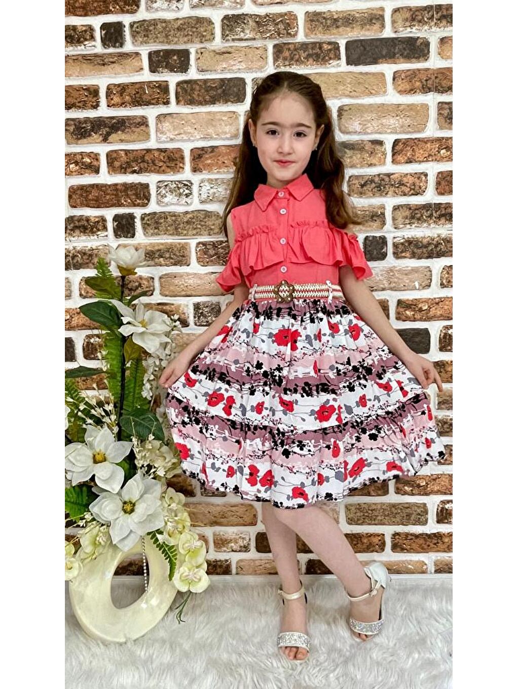 Kırmızı Çiçekli Viskon Gömlek Yaka Yazlık Kız Çocuk Elbise-3