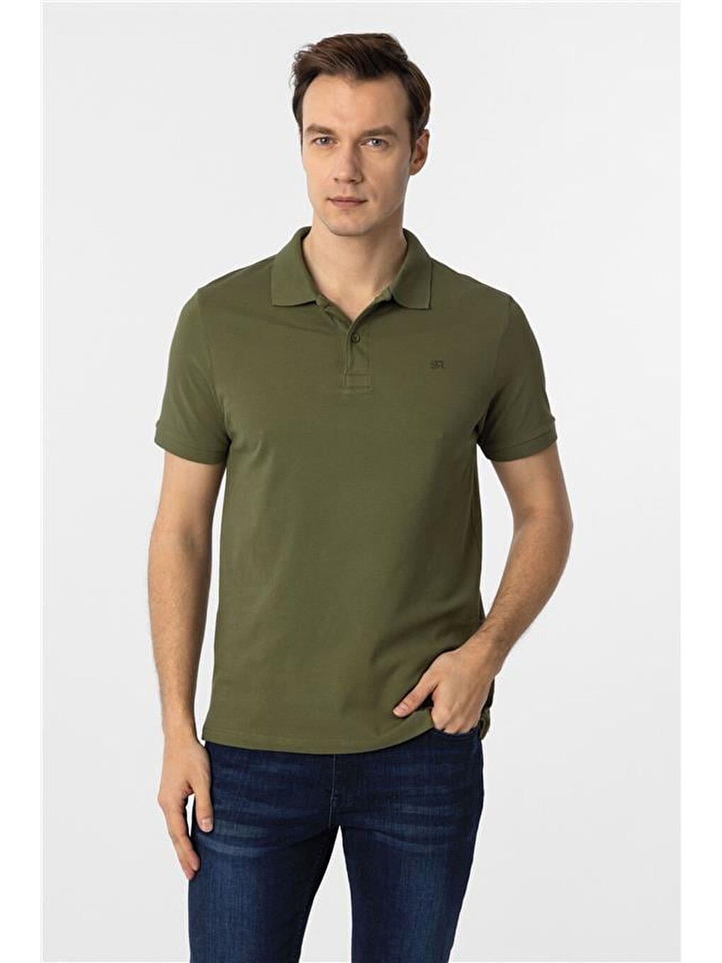 Haki Slim Düz Polo Yaka Tişört-1