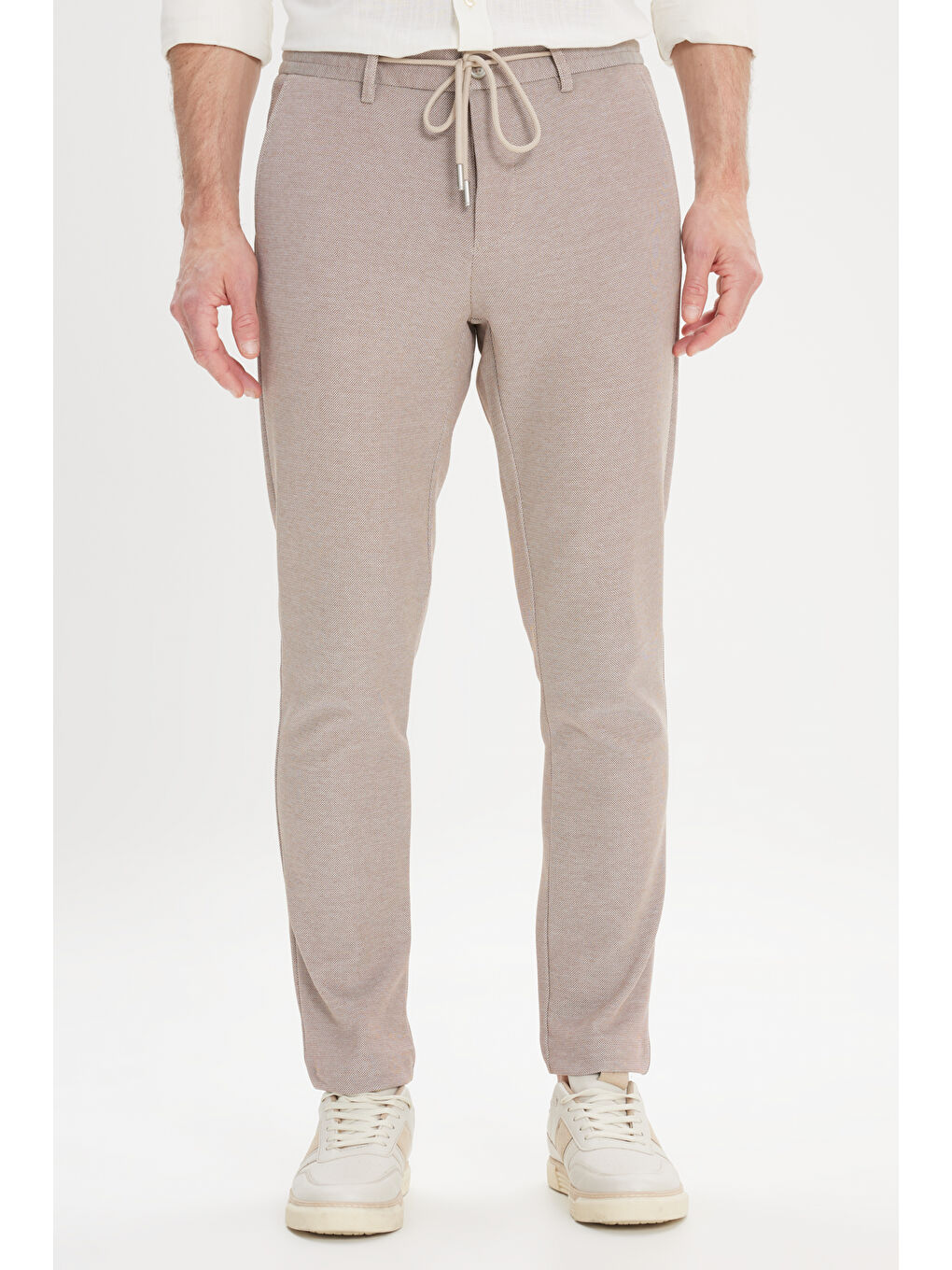 Bej Erkek Vizon Comfort Fit Rahat Kesim Yan Cepli Desenli Beli Lastikli Pantolon
