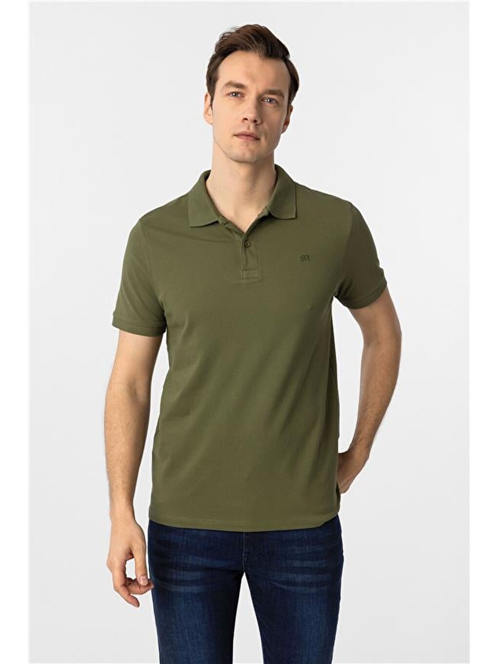 Haki Slim Düz Polo Yaka Tişört-2