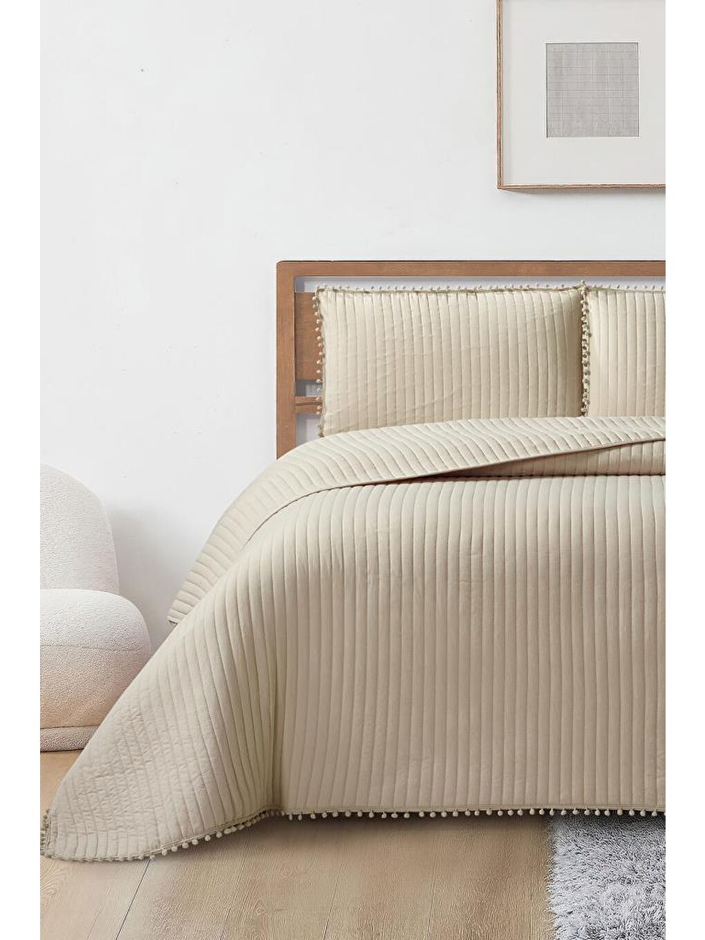 Venedik Elyaf Dolgulu Çift Kişilik 240x260 Cm Yatak Örtüsü Bej