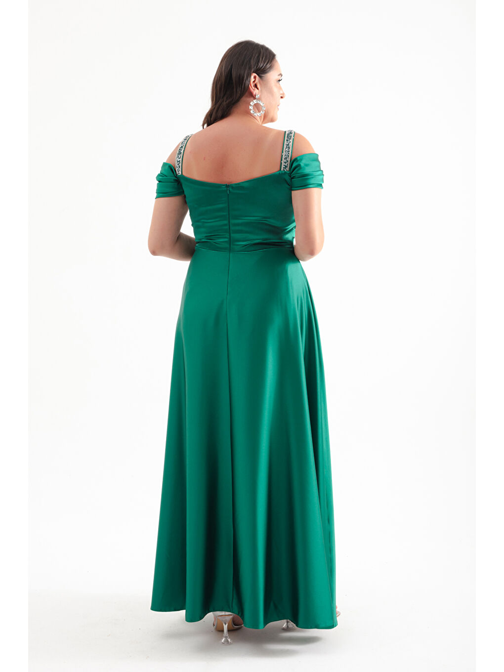Kadın Yeşil Taş Askılı Drapeli Büyük Beden Uzun Abiye Elbise-4