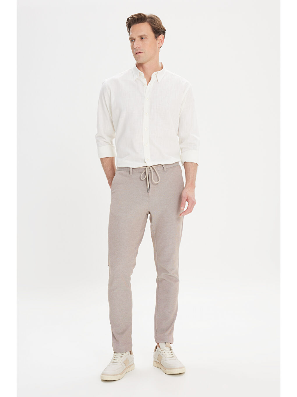 Bej Erkek Vizon Comfort Fit Rahat Kesim Yan Cepli Desenli Beli Lastikli Pantolon-1