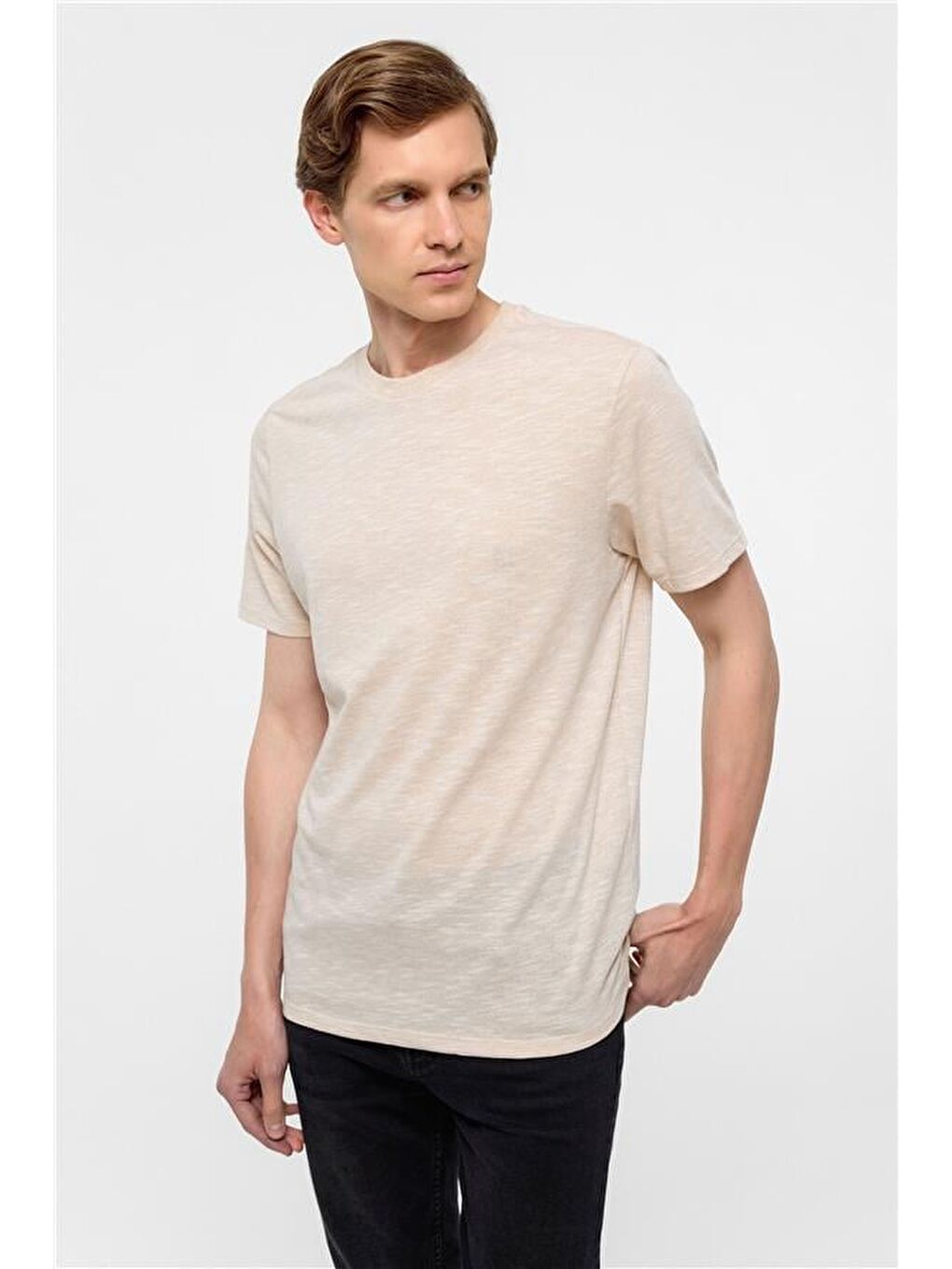 Ekru Regular Armürlü Bisiklet Yaka Tişört-2