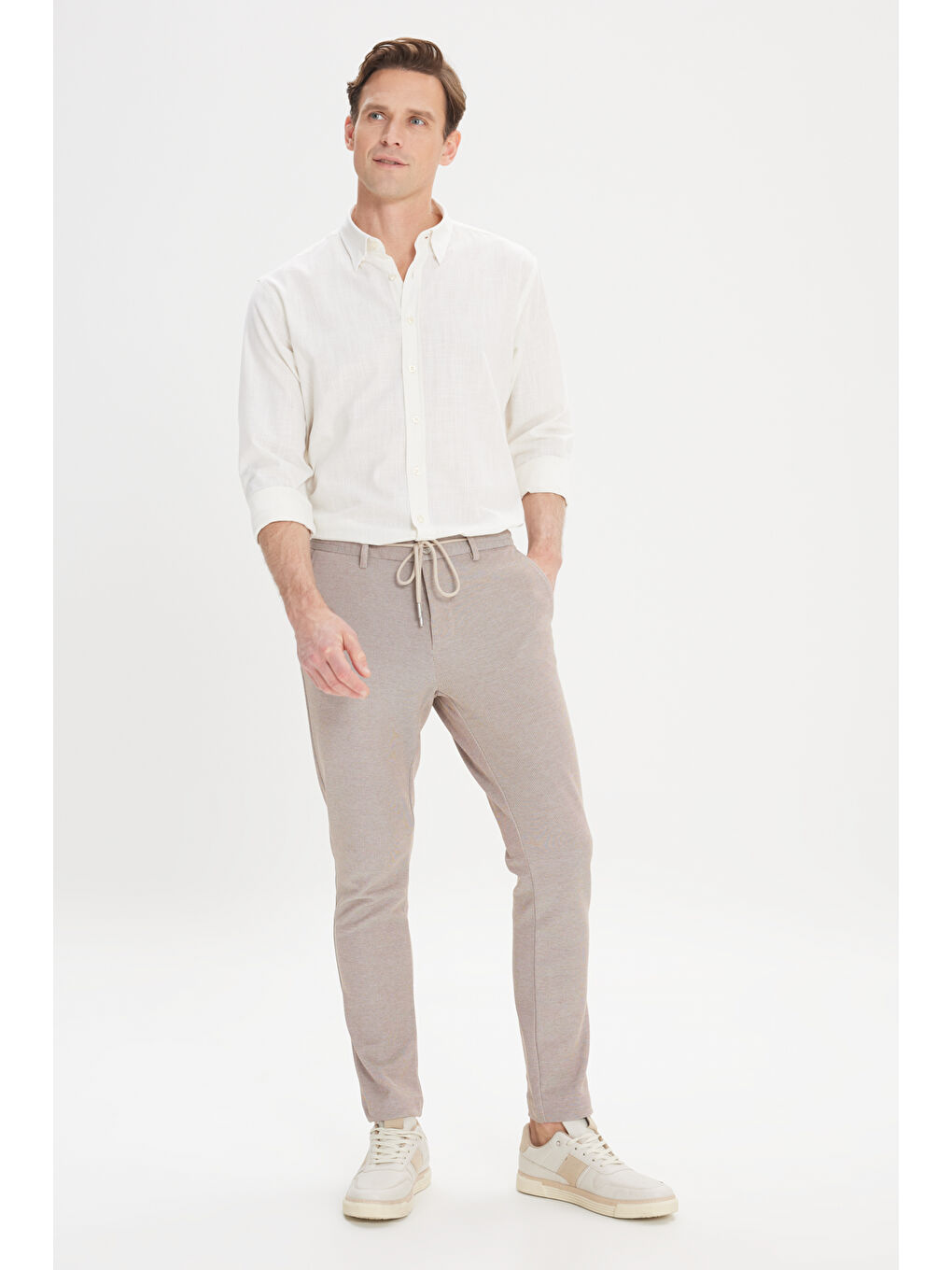 Bej Erkek Vizon Comfort Fit Rahat Kesim Yan Cepli Desenli Beli Lastikli Pantolon-2