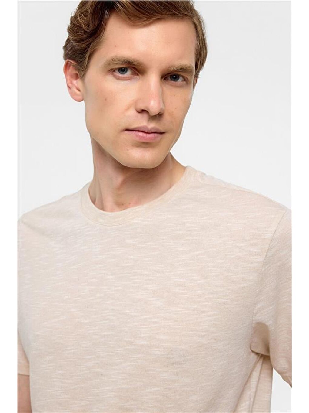 Ekru Regular Armürlü Bisiklet Yaka Tişört-3