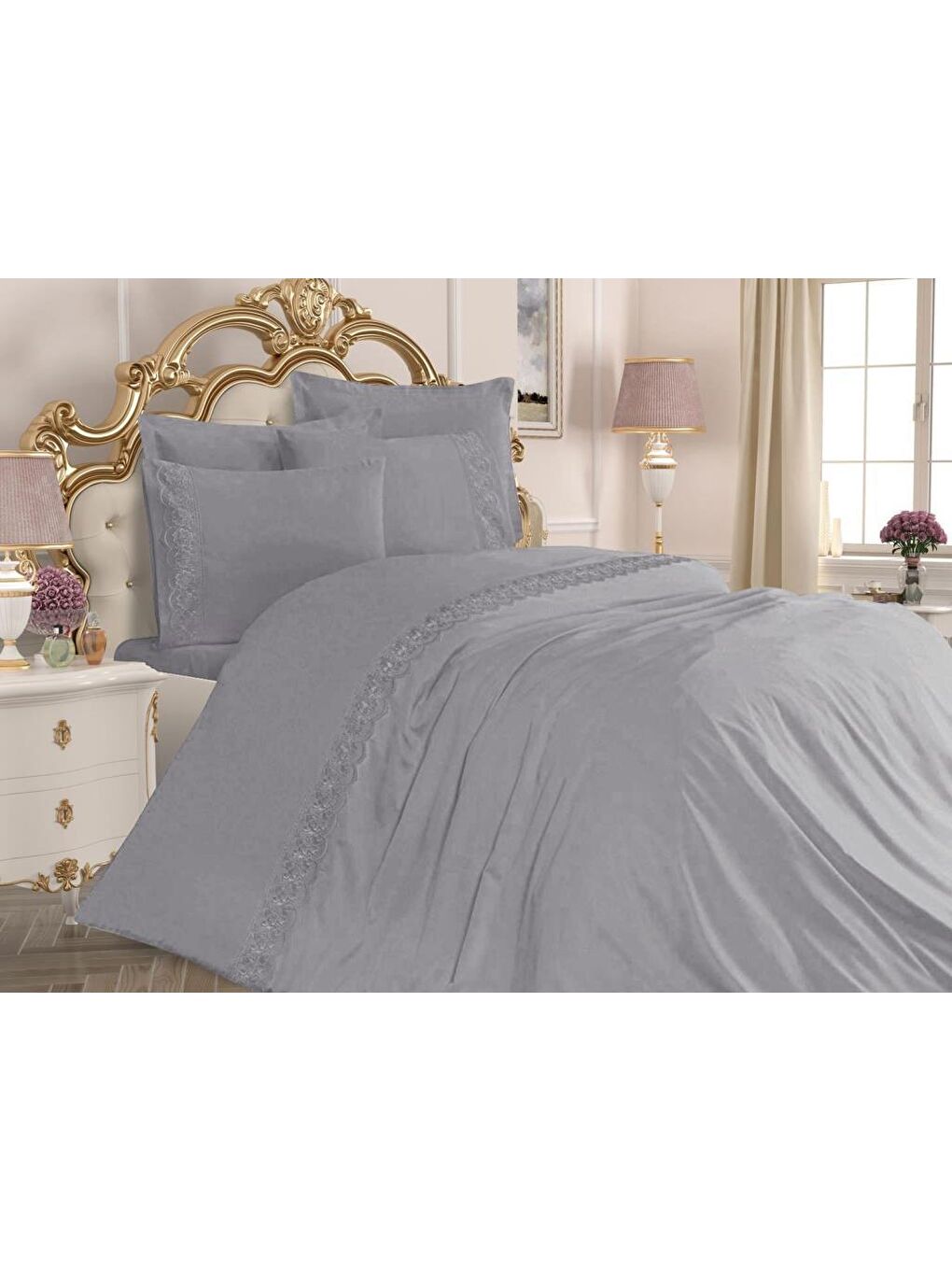 Lalezar Sade Fransız Güpürlü Nevresim Takımı Gri