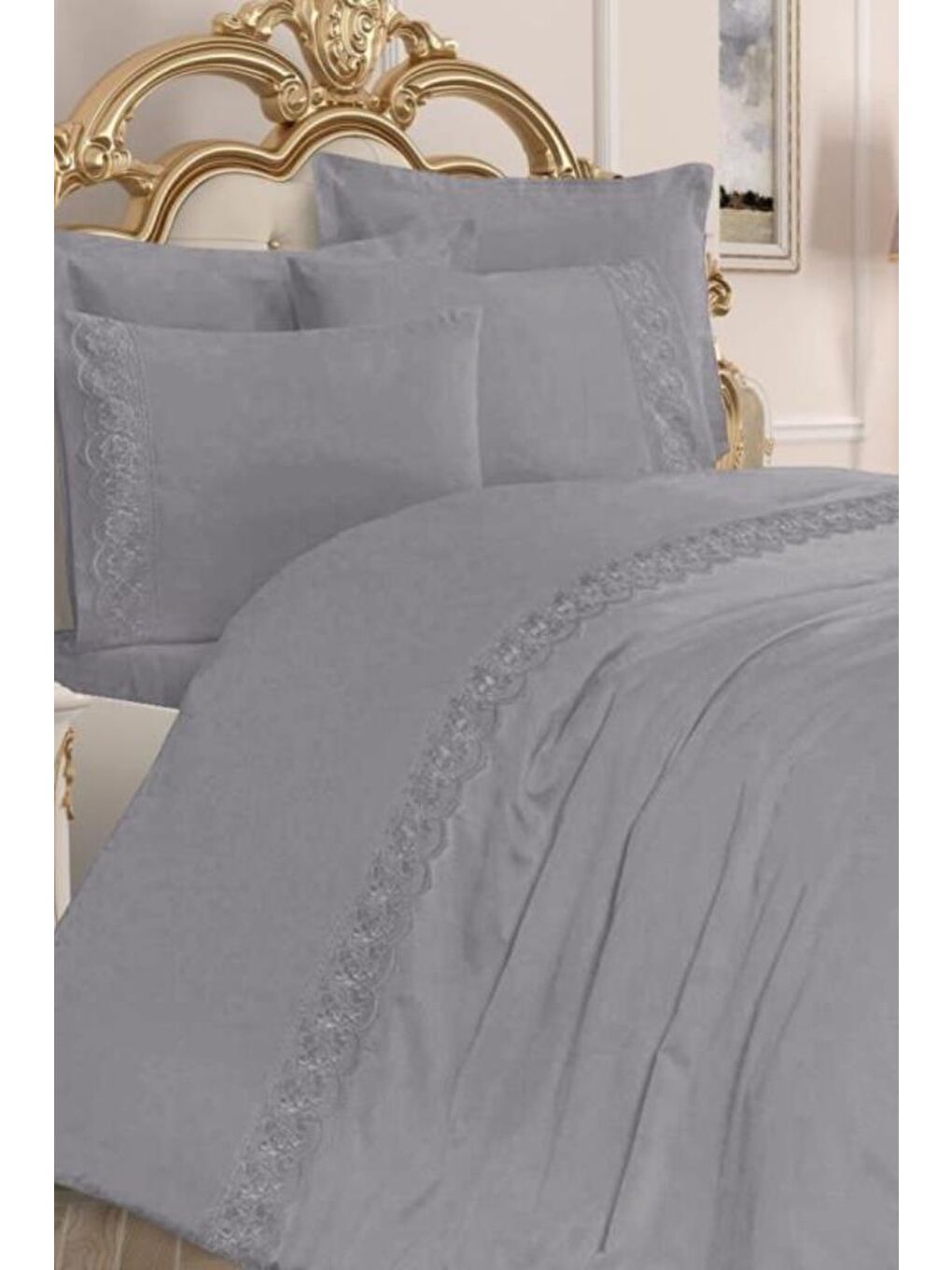 Lalezar Sade Fransız Güpürlü Nevresim Takımı Gri-1