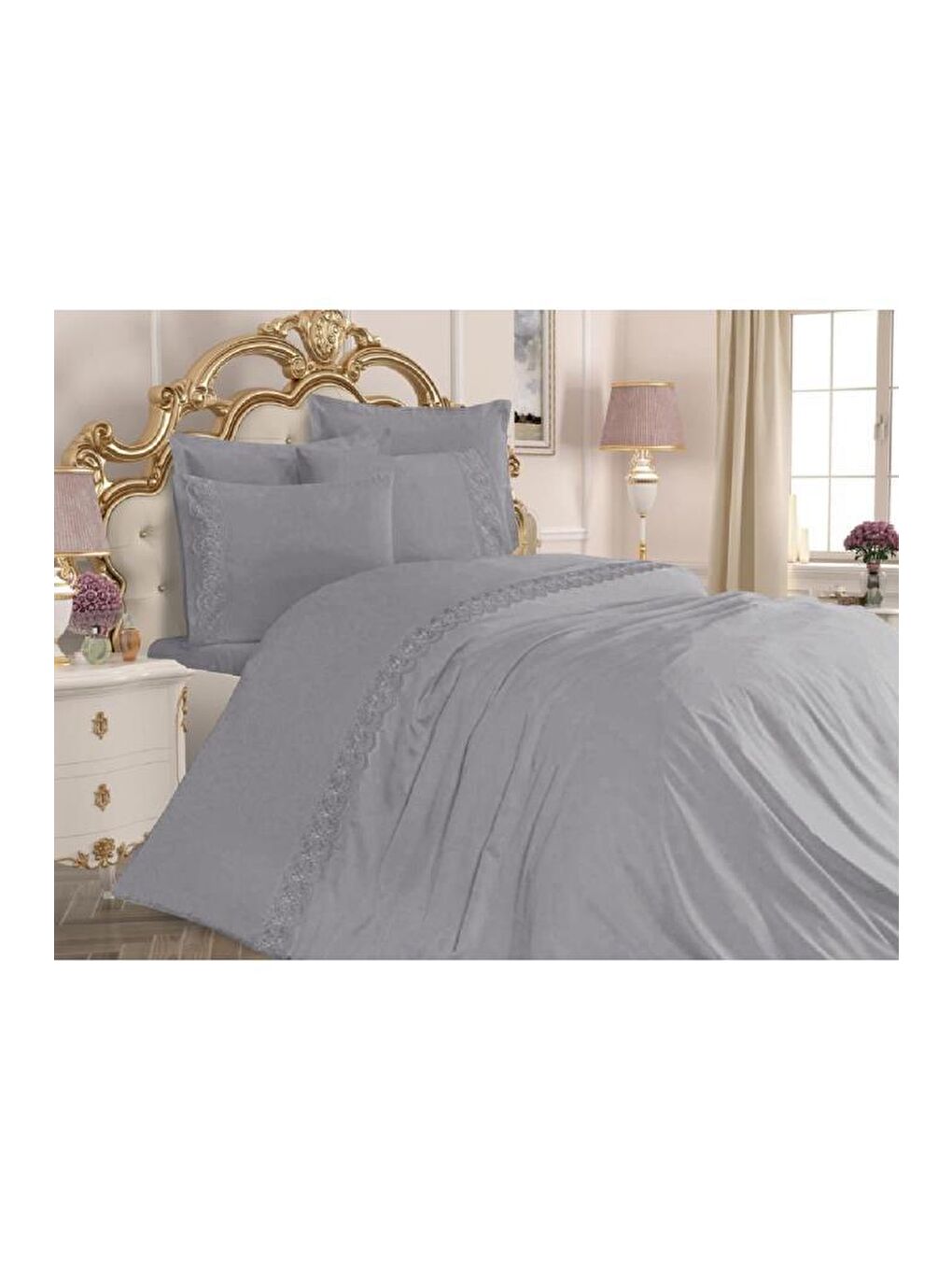 Lalezar Sade Fransız Güpürlü Nevresim Takımı Gri-2