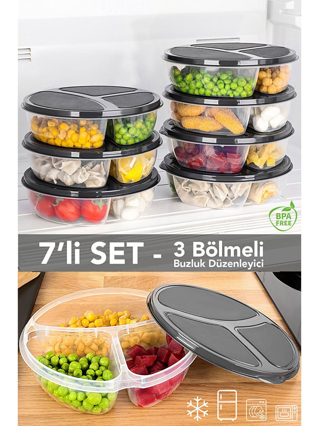 Gri 7 Adet Yuvarlak 3 Bölmeli Saklama Kabı