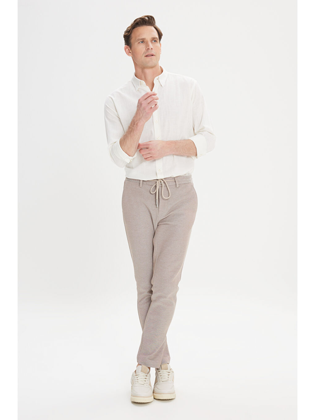 Bej Erkek Vizon Comfort Fit Rahat Kesim Yan Cepli Desenli Beli Lastikli Pantolon-3