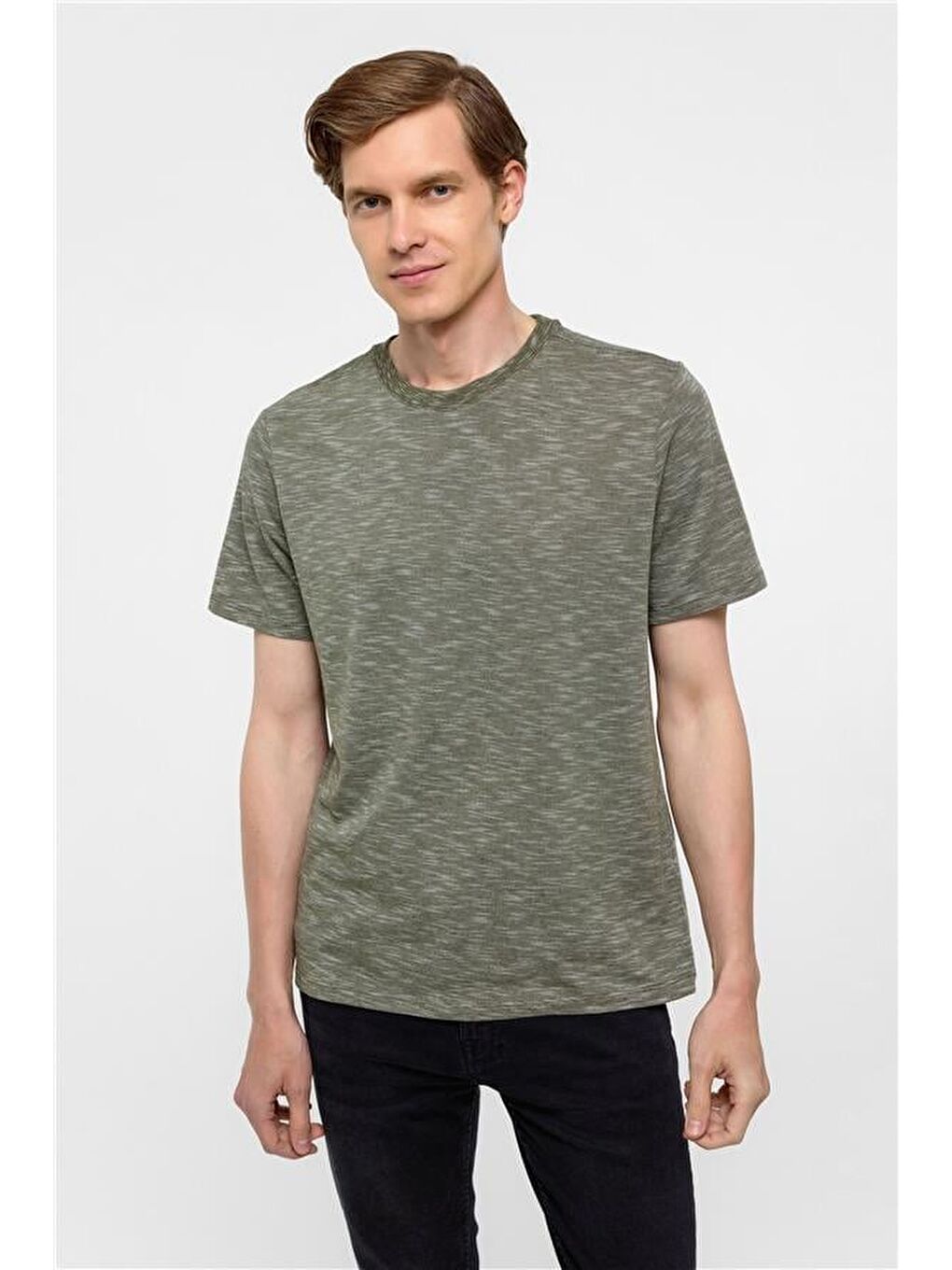 Haki Regular Armürlü Bisiklet Yaka Tişört-1