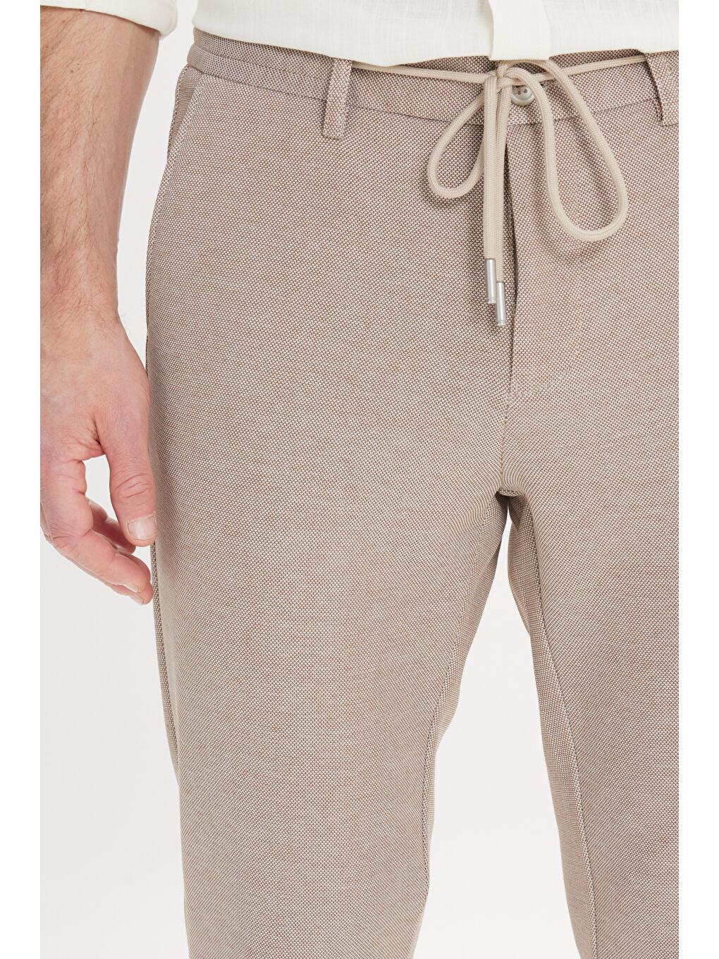 Bej Erkek Vizon Comfort Fit Rahat Kesim Yan Cepli Desenli Beli Lastikli Pantolon-4