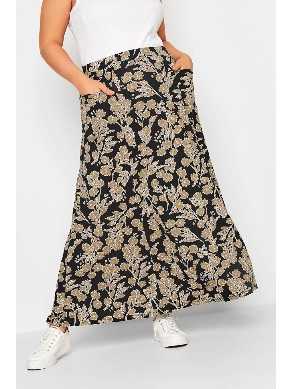 Kahverengi Büyük Beden Önü Çift Cepli Beli Lastikli Maxi Boy Etek 302287-1