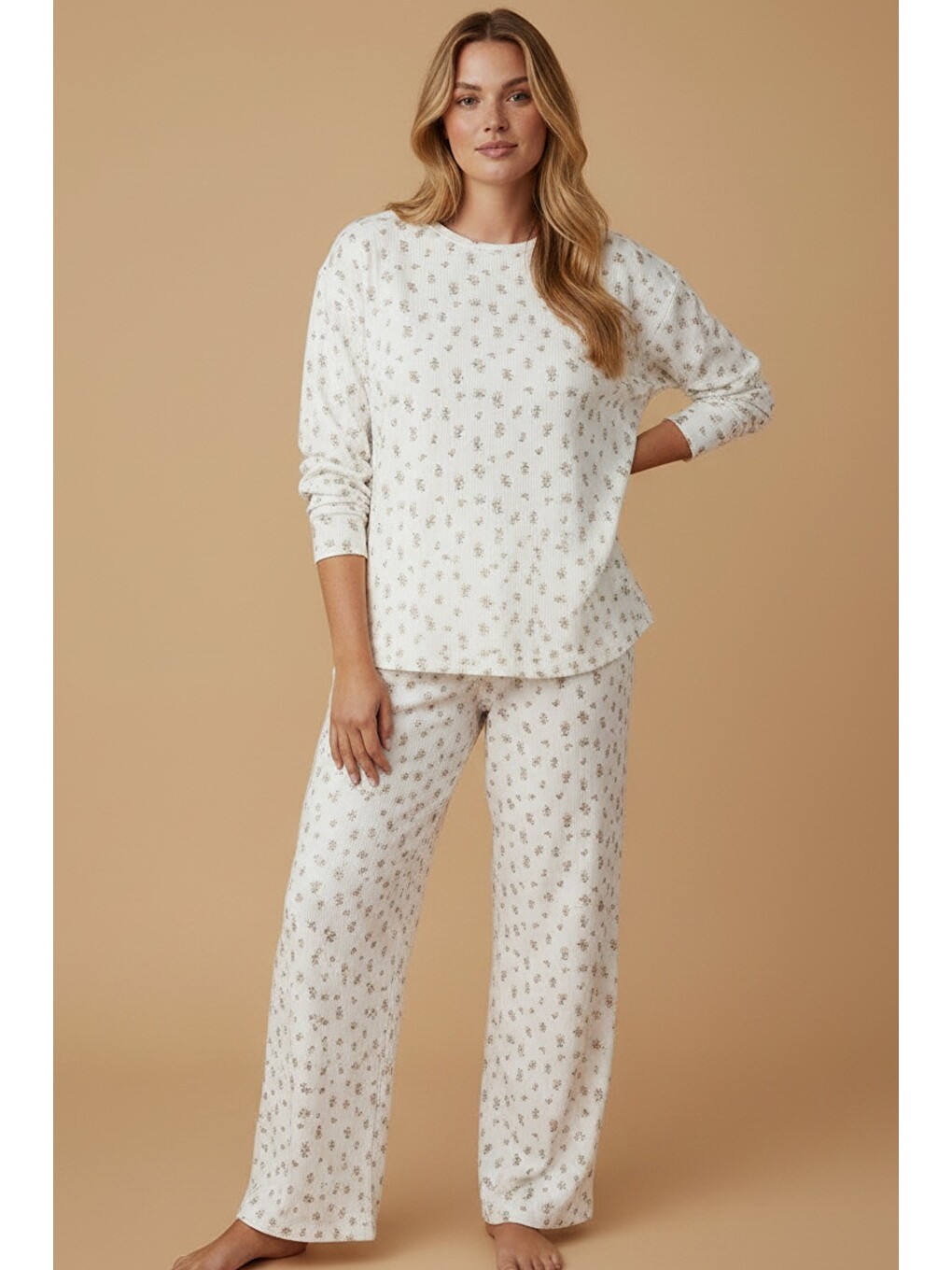 Karışık Pamuklu Fitilli Kaşkorse Büyük Beden Örme Pijama Takım 8034-1