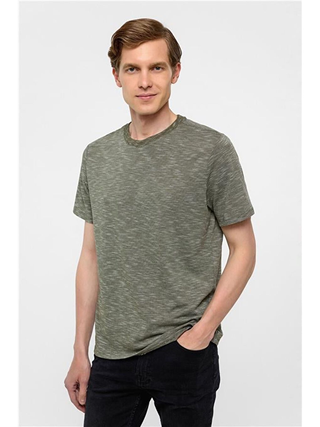 Haki Regular Armürlü Bisiklet Yaka Tişört-2