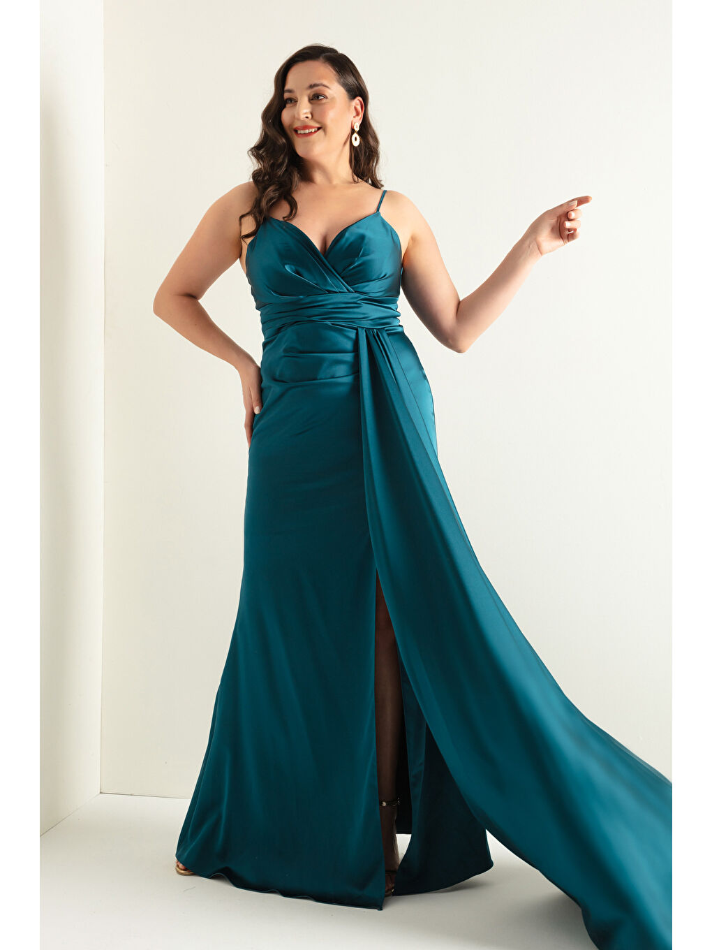 Kadın Petrol Büyük Beden Uzun Saten Abiye Elbise & Mezuniyet Elbisesi