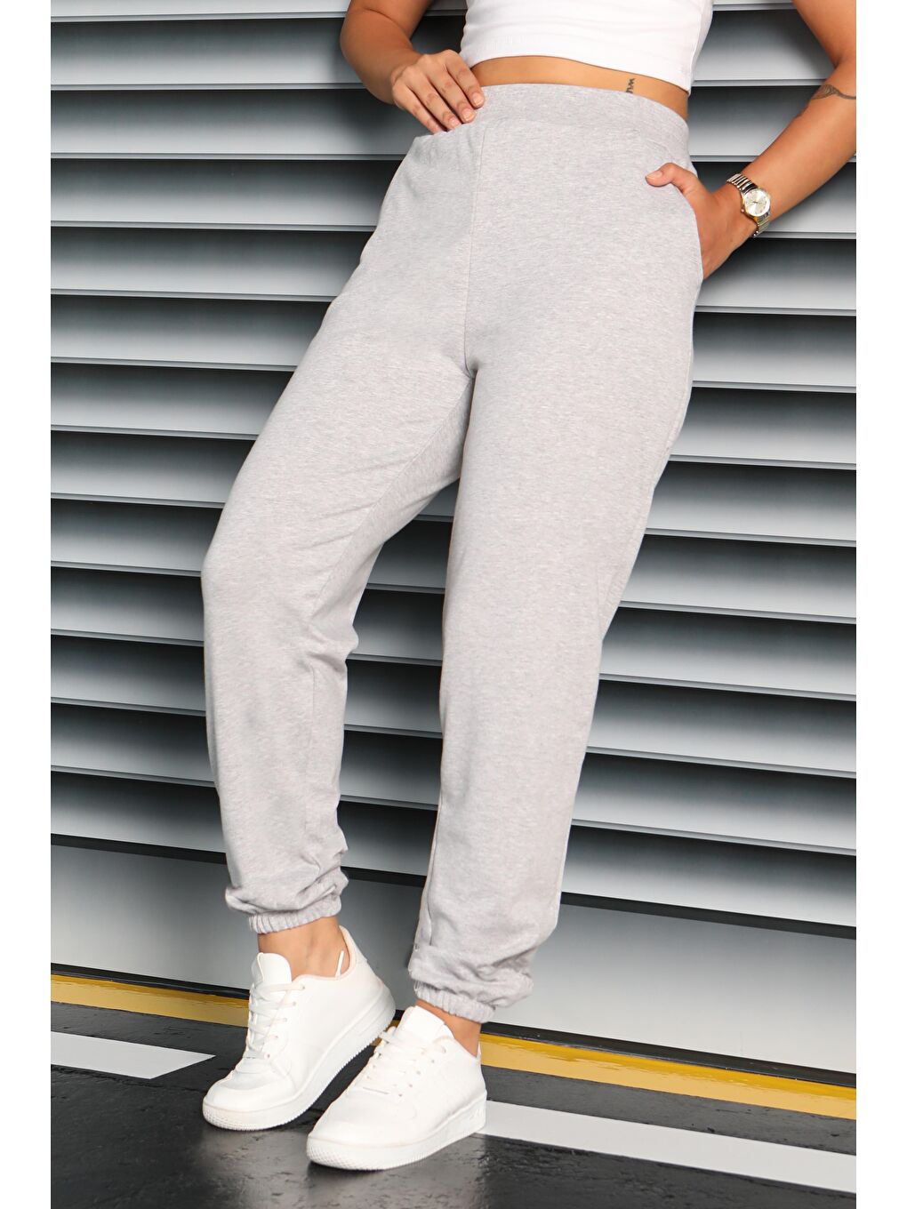 Cepli Paça Lastikli İki İplik Eşofman Altı Gri - 27675-2