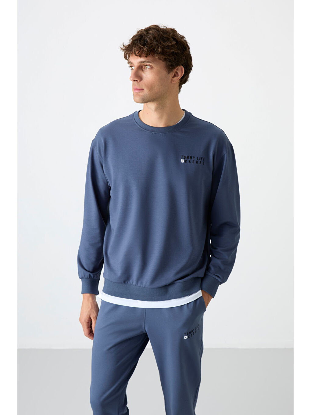 Petrol Casual Bisiklet Yaka Lastik Paça Erkek Oversize Eşofman Takımı - 85120-1