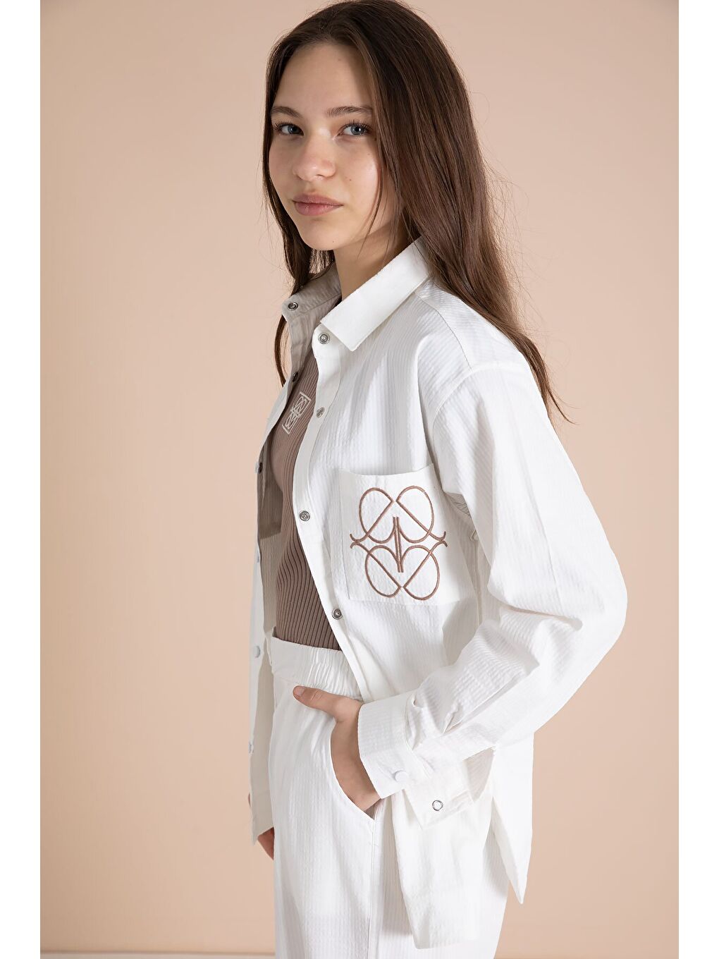 Ekru Nakışlı Gömlekli Badili Kız Çocuk 3lü Pantolonlu Takım 23562-1