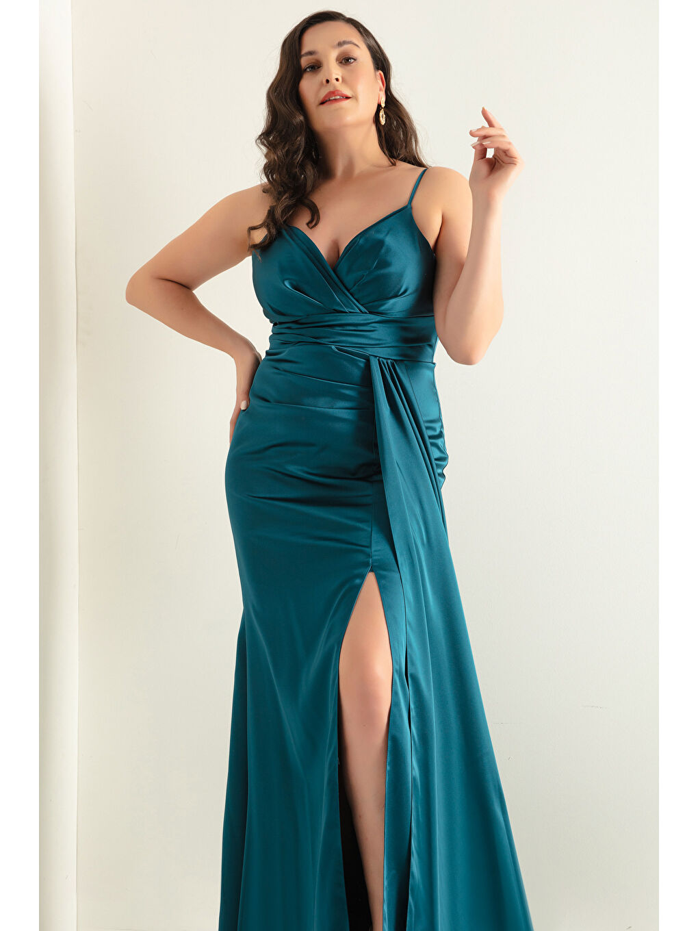 Kadın Petrol Büyük Beden Uzun Saten Abiye Elbise & Mezuniyet Elbisesi-2