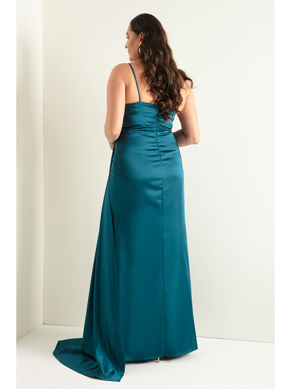 Kadın Petrol Büyük Beden Uzun Saten Abiye Elbise & Mezuniyet Elbisesi-4