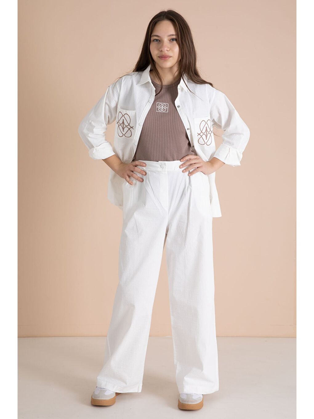 Ekru Nakışlı Gömlekli Badili Kız Çocuk 3lü Pantolonlu Takım 23562-3