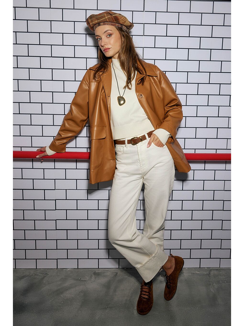 Kahverengi Spor Kesim Deri Ceket Camel-2