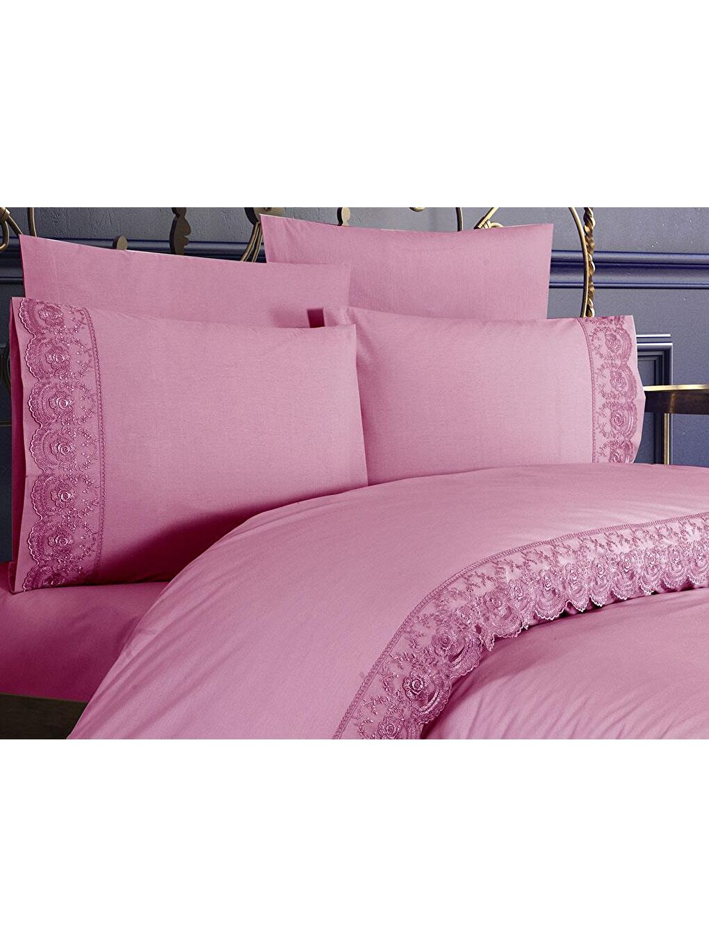 Pembe Fransız Dantelli Kure Çeyizlik Nevresim Takımı Pudra-1