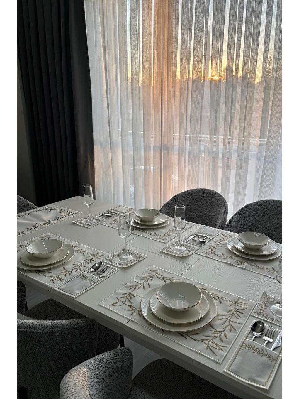 Sarı Nazlım Keten Nakışlı Amerikan Servis Takımı 19 Parça Gold-2