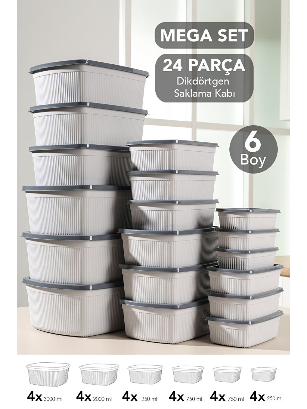 Gri 24'lü Çizgili Dikdörtgen Gıda Saklama Kabı Seti