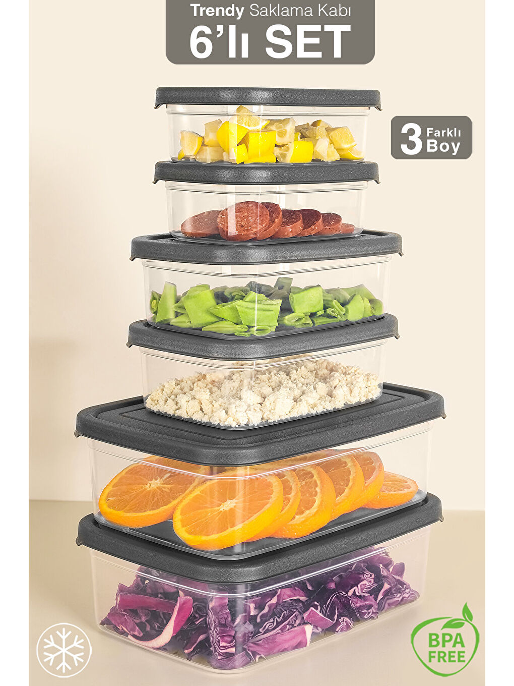 Gri 6'lı Dikdörtgen Erzak Saklama Kabı