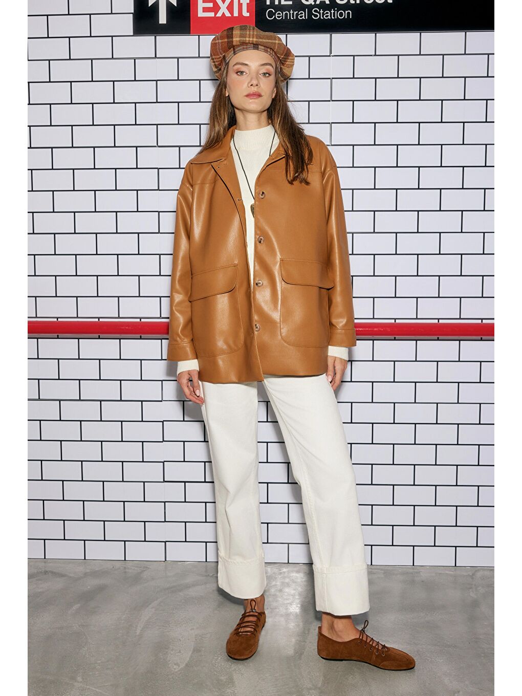 Kahverengi Spor Kesim Deri Ceket Camel-3